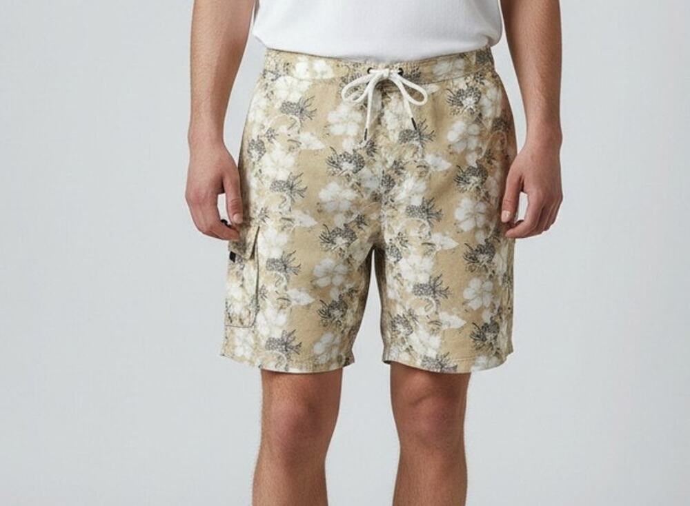 Utility Board Shorts Swim Trunks Men's Size 36 Tan Floral Cotton